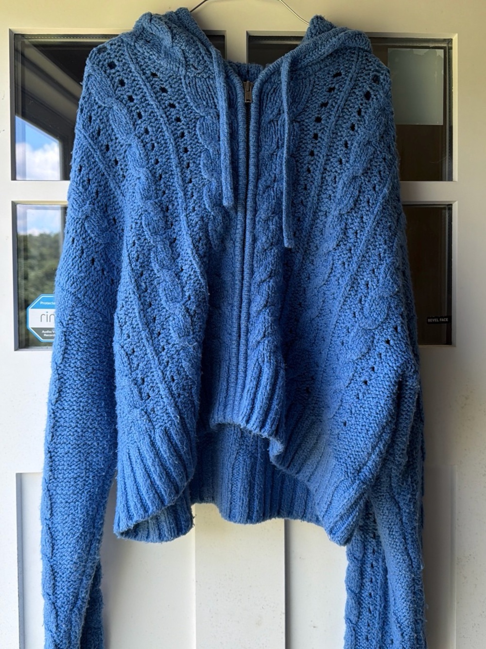 Y2K American Eagle Eagle Blue Hooded Cable Knit Zip Sweater